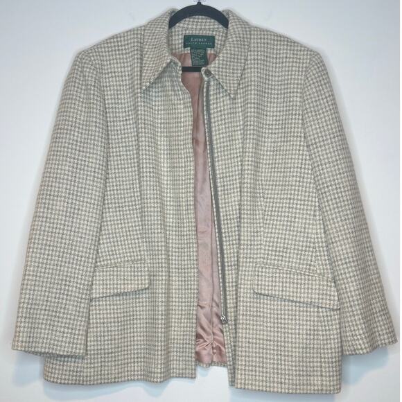 Lauren Ralph Lauren 100% Wool Houndstooth Blazer Jacket 20W Neutral Taupe Beige - Picture 1 of 9